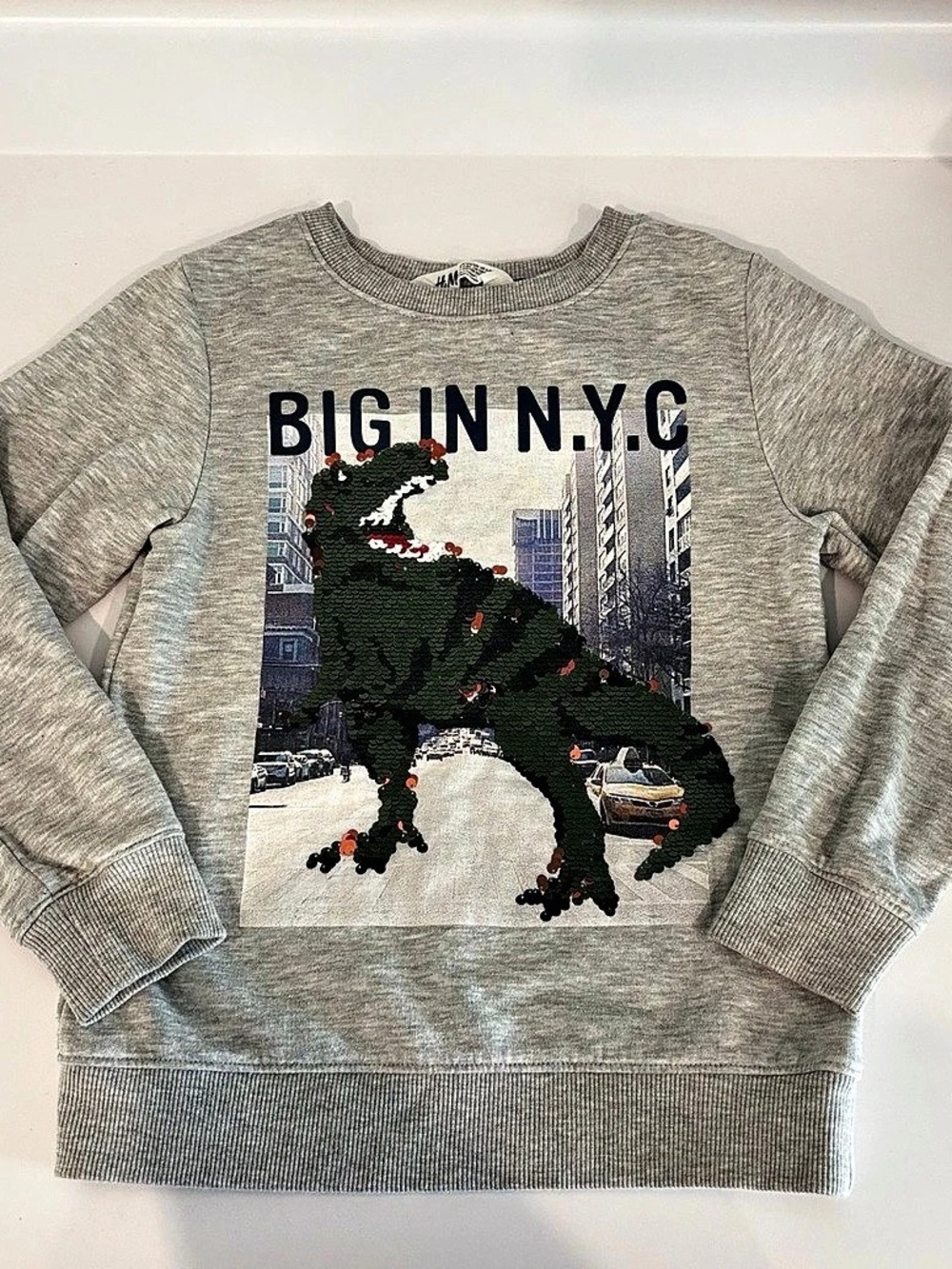 H&M Boys Big In N.Y.C. Reversible Sequin Dinosaur Sweatshirt Gray 6-8 years